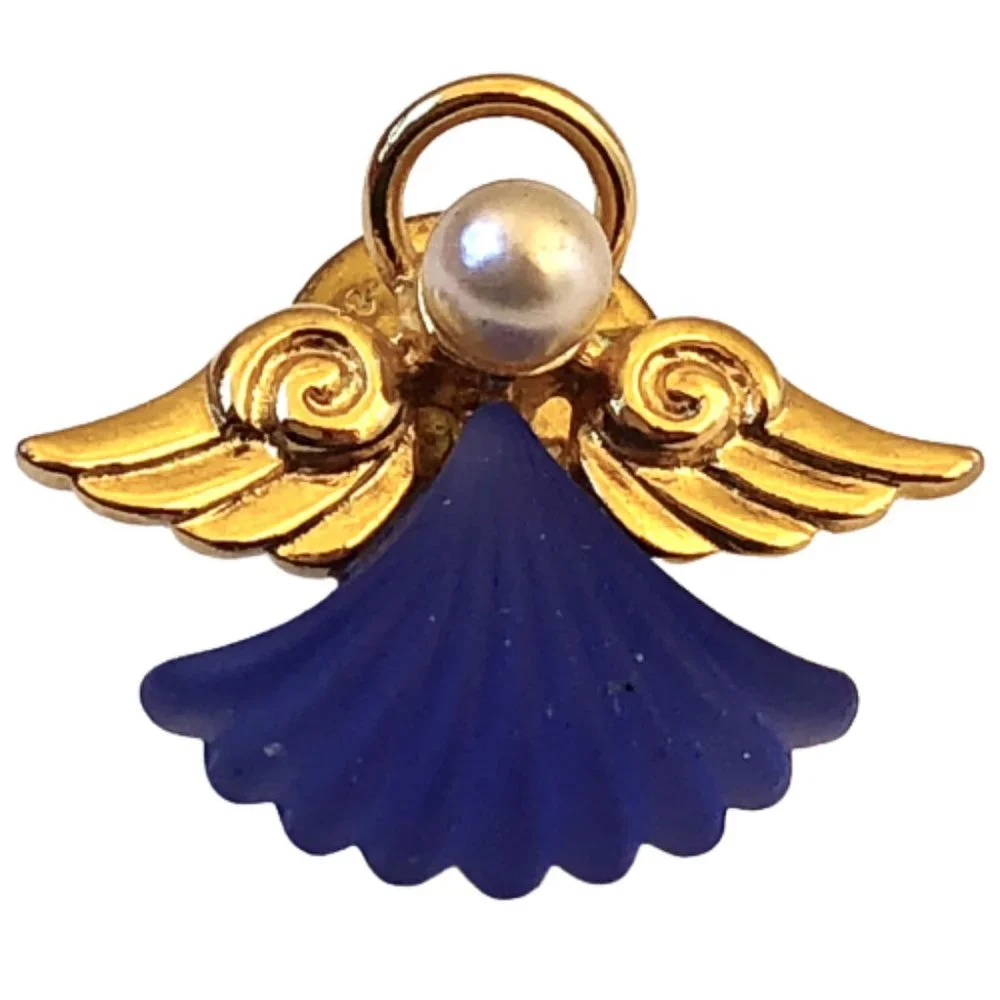 Angel Goldtone Lapel Tie Tack Pin Brooch Blue Glass Faux Pearl